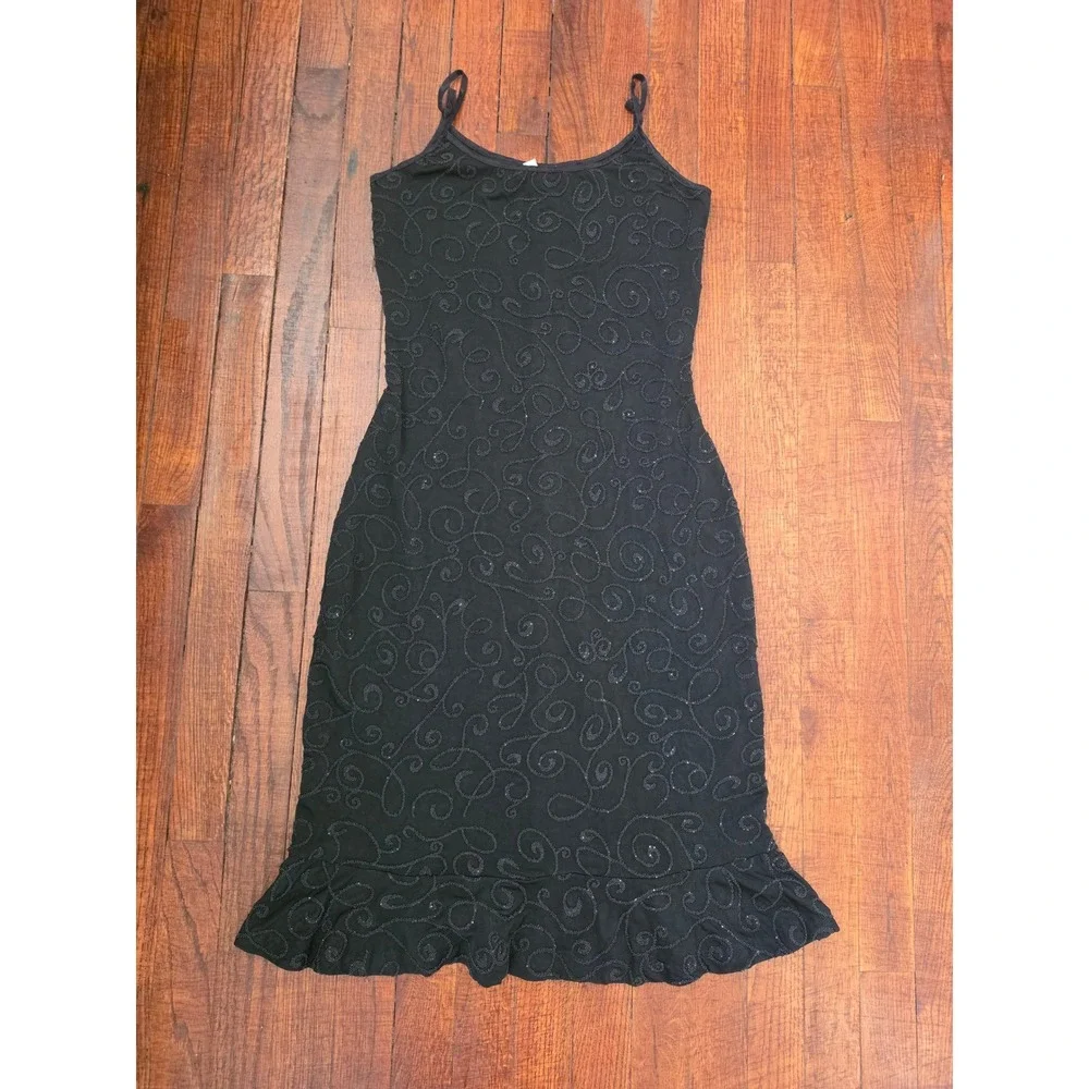 Cache Alexia Admor VTG Y2K Beaded Rouche Embroidered Black Slip Dress sz M